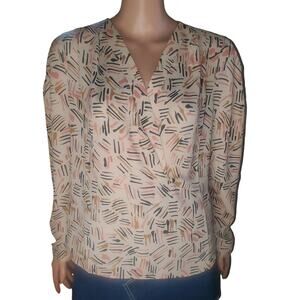 Cabi Marni Blouse Top Medium V-Neck Chiffon Boho Career Beige Abstract Art